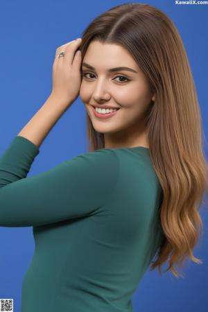A woman in a blue and white striped shirt posing for a picture.