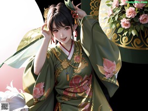 A woman in a kimono sitting on a bench by the water.