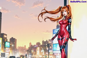 A woman in a red latex outfit standing in the middle of a city.
