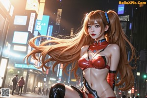 A woman in a red latex outfit is posing in the middle of a city.