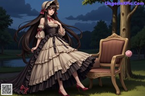A woman in a long dress and hat standing next to a table.