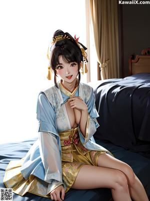 A woman in a yellow kimono sitting on a bed.
