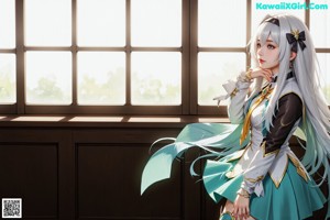 A woman with long blue hair standing in front of a window.