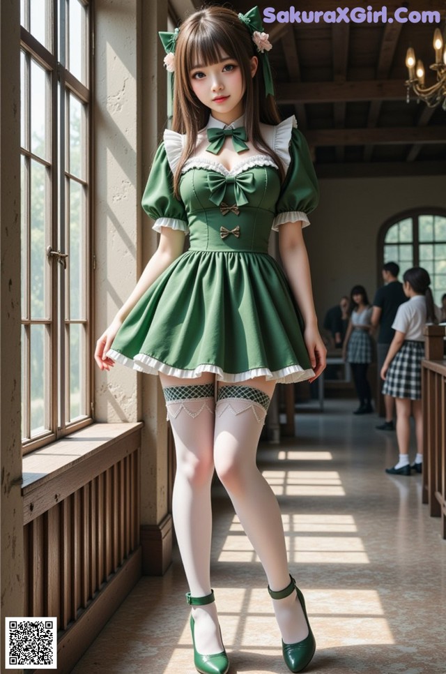 A woman in a green dress and white stockings posing for a picture.