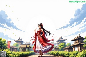 A woman in a red and white dress sitting on a rock.