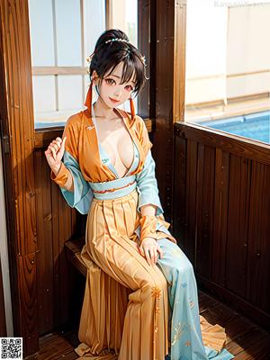 A woman in a blue kimono sitting on a wooden bench.