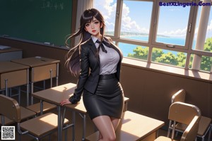 A woman in a skirt and blazer standing in front of a blackboard.
