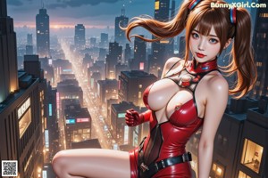 A woman in a red latex outfit posing for a picture.
