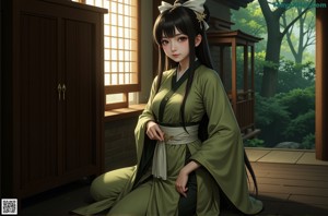 A woman in a yellow kimono and a hat is posing for the camera.