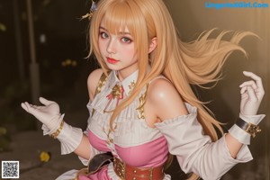 A woman in a pink and white dress with long blonde hair.