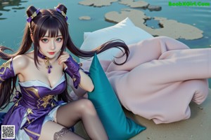 A close up of a woman wearing a purple dress.