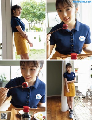A woman wearing a blue polo shirt and a yellow belt.