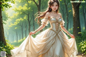 A woman in a wedding dress standing in the woods.