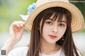 A woman with long brown hair is posing for the camera.
