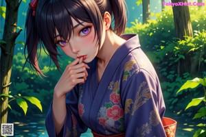 A naked woman in a kimono standing in the woods.
