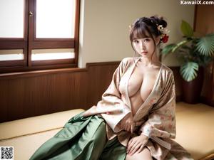 A woman in a purple kimono sitting on a green couch.