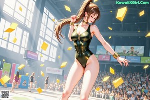 A woman in a black and gold bathing suit standing on a wrestling ring.