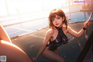 A woman in a white bathing suit sitting by a pool.