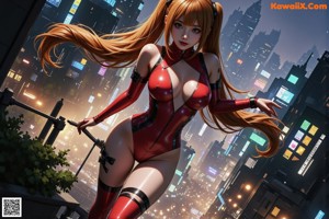 A woman in a red latex outfit posing for a picture.