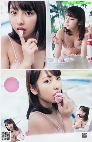 A collage of photos of a woman in a bathing suit.