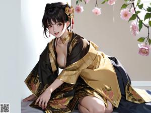 A woman in a kimono sitting on a bed.