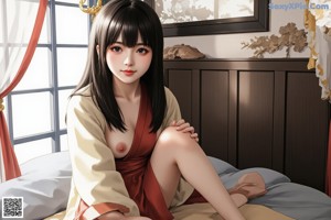 A naked woman sitting on top of a bed in a room.