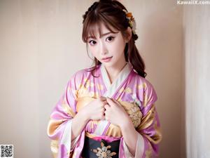 A woman in a purple kimono is posing for a picture.