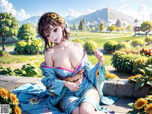 A woman in a blue kimono sitting in a field of sunflowers.