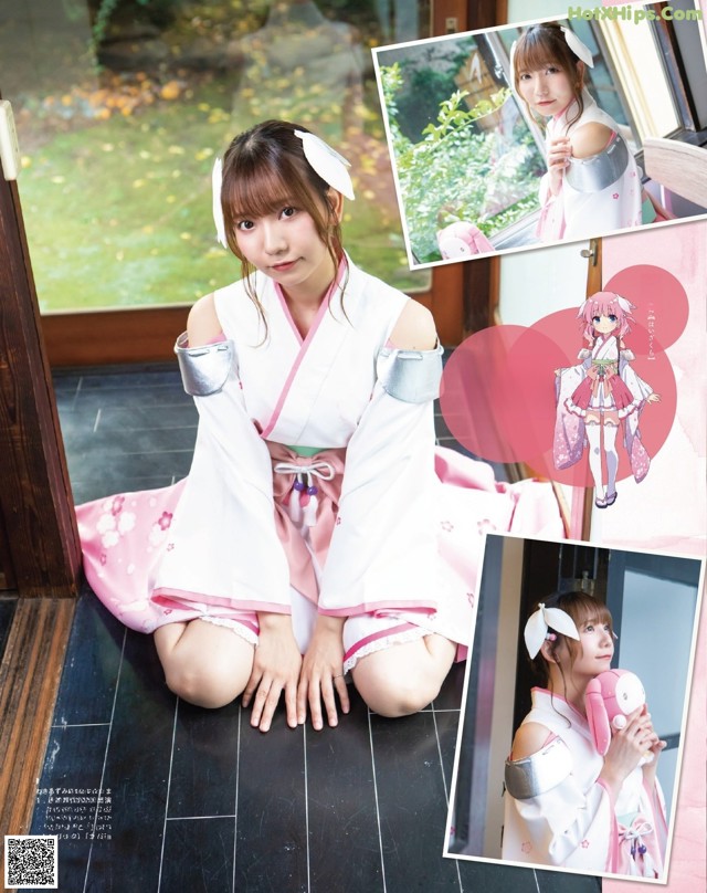 A woman in a pink kimono sitting on the floor.
