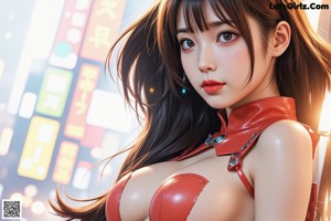 A woman in a red and white outfit standing in the middle of a city.
