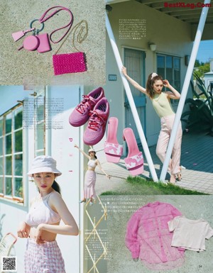 A magazine spread with a picture of a woman on the beach.