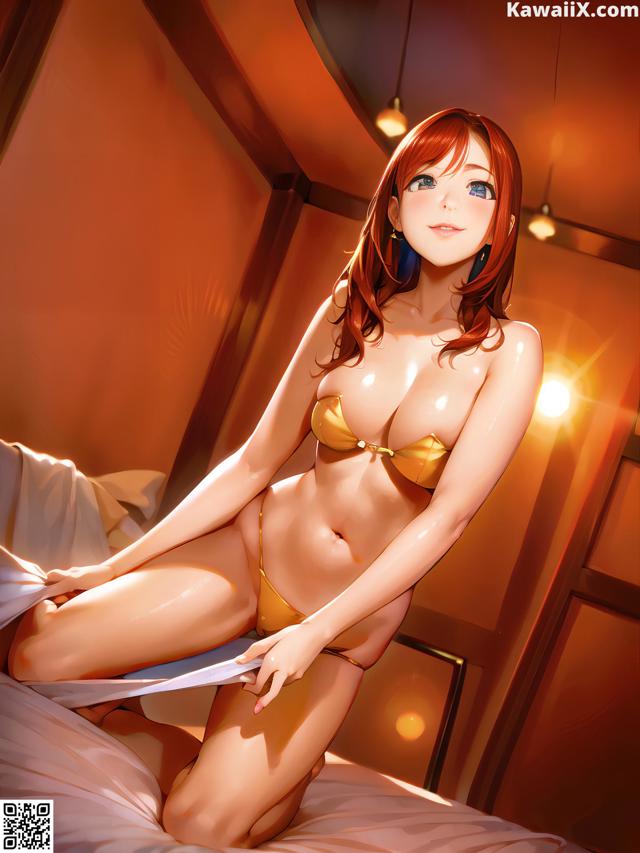 A woman in a bikini sitting on a bed.