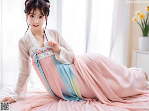 A woman in a white bikini and a pink robe.