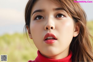 A woman in a red and white striped sweater and white stockings.