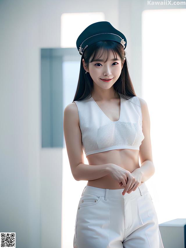 A woman in a white top and white pants posing for a picture.