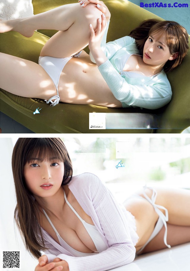 A woman in a white bikini laying on a green couch.